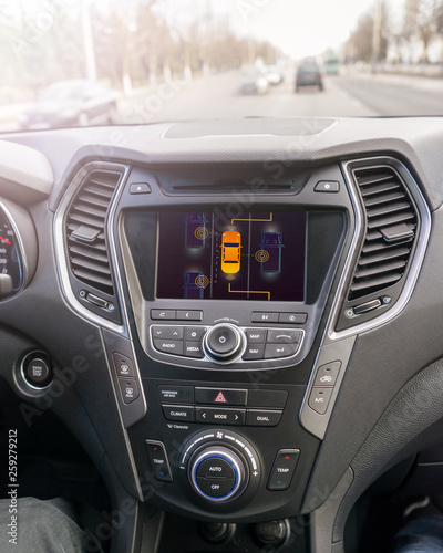 Self driving car on a road. Autonomous vehicle. Inside view. © Kanstantsin