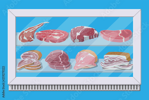 Meat products in supermarket fridge.
