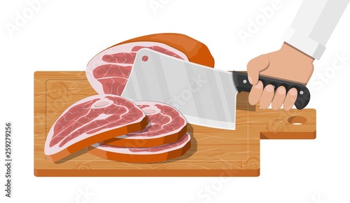 Cutting board, butcher cleaver and piace of meat.