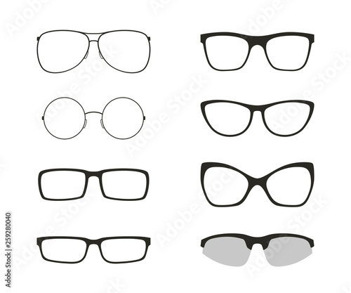 Set of differents glasses, isolated on white background. Black silhouettes of modern glasses