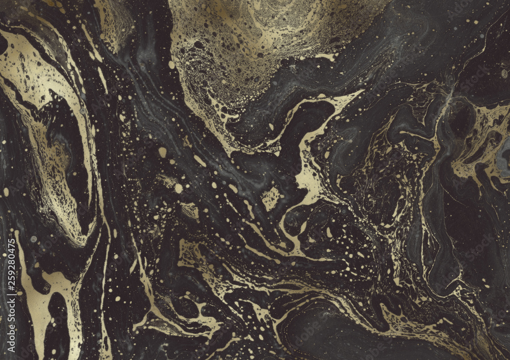 Fototapeta premium Contemporary painting. Abstraction. Unique hand painted image for creative design of posters, wallpapers. Modern piece of art. Mixed media artwork. Unusual artistic style. Golden and black paints.