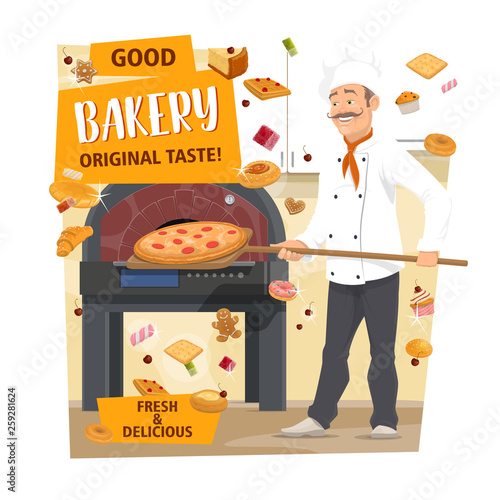 Baker baking pizza and bread. Bakery, pastry shop