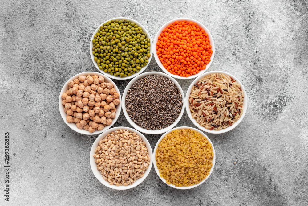 Variations of porridges and bean in white saucers on a gray concrete background