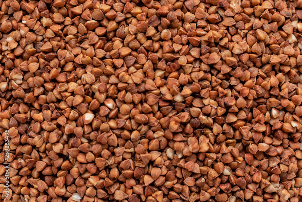 Buckwheat cereal in a white saucer on a gray concrete background Buckwheat cereal in a white saucer on a gray concrete background