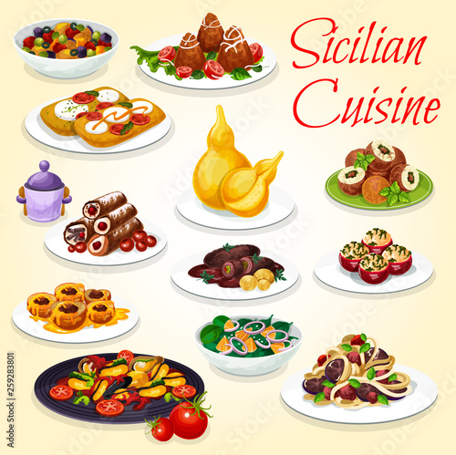 Sicilian salad, pasta, stew and dessert dishes