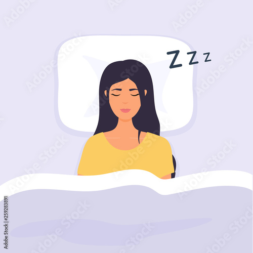 Woman sleep in bed. Person having a dreamful slumber in bed on a pillow with some sleeping sound.