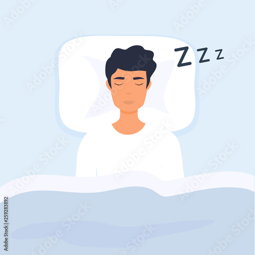 Man sleep in bed. Person having a dreamful slumber in bed on a pillow with some sleeping sound.