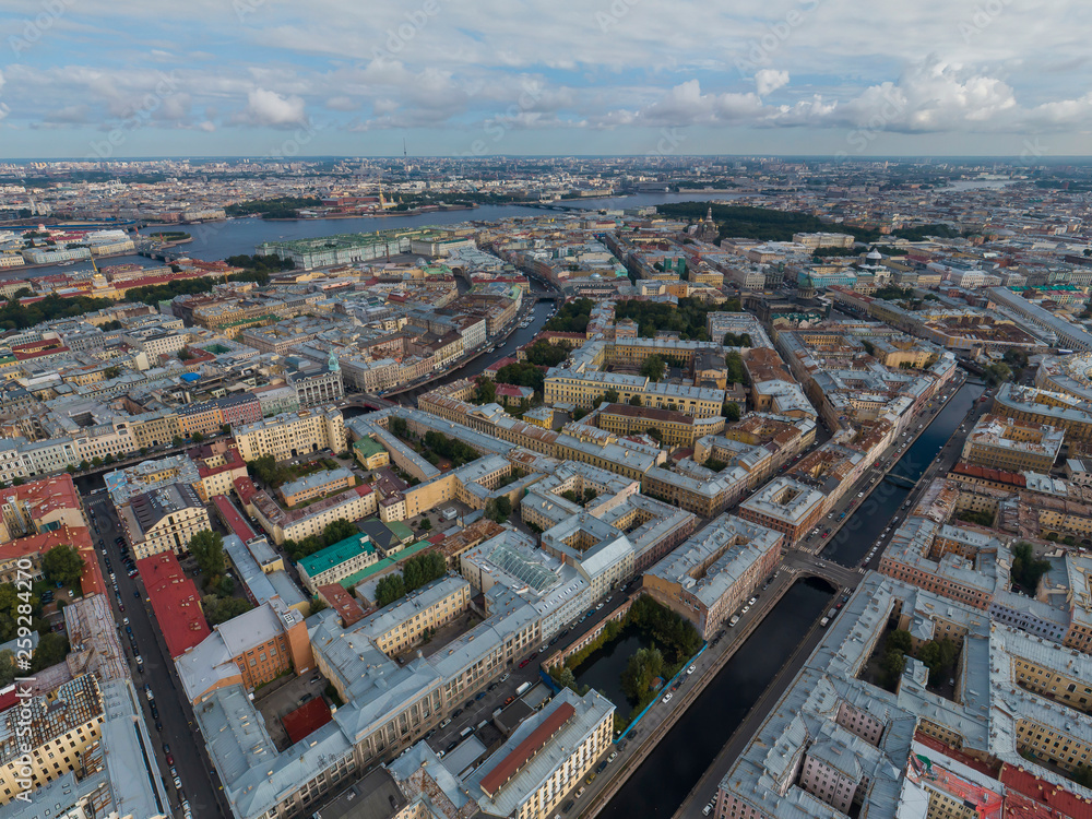 Panoramic view of Saint Petersburg, drone photo, summer day. Sennoy District. Griboyedov Canal, Moika River