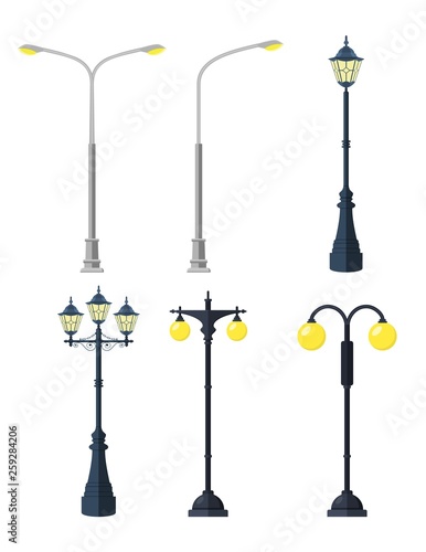 Traditional and Modern Outdoor Lamp Posts. Icon set isolated on white background. Vector illustration in flat style