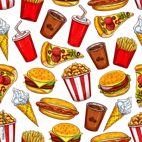 Fast food seamless pattern with burgers and drinks