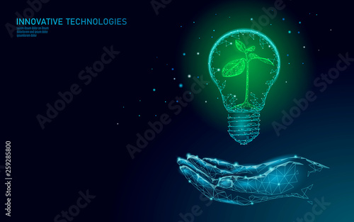 Hand holding light Bulb lamp saving energy ecology concept. Polygonal blue sprout small plant seedling inside electricity green energy power banner vector illustration