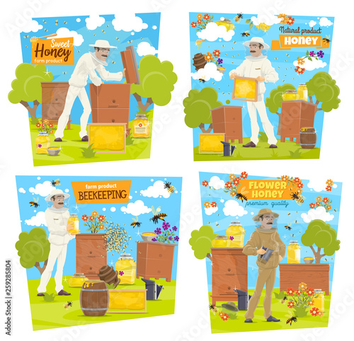 Honey, bee and beekeeper on beekeeping apiary