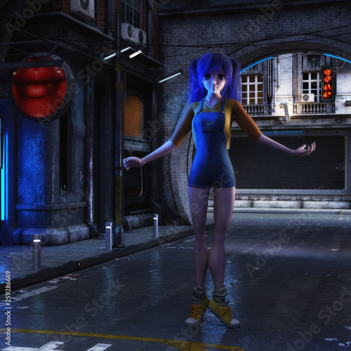 3D Illustration of a futuristic urban Scene with Manga Girl photo