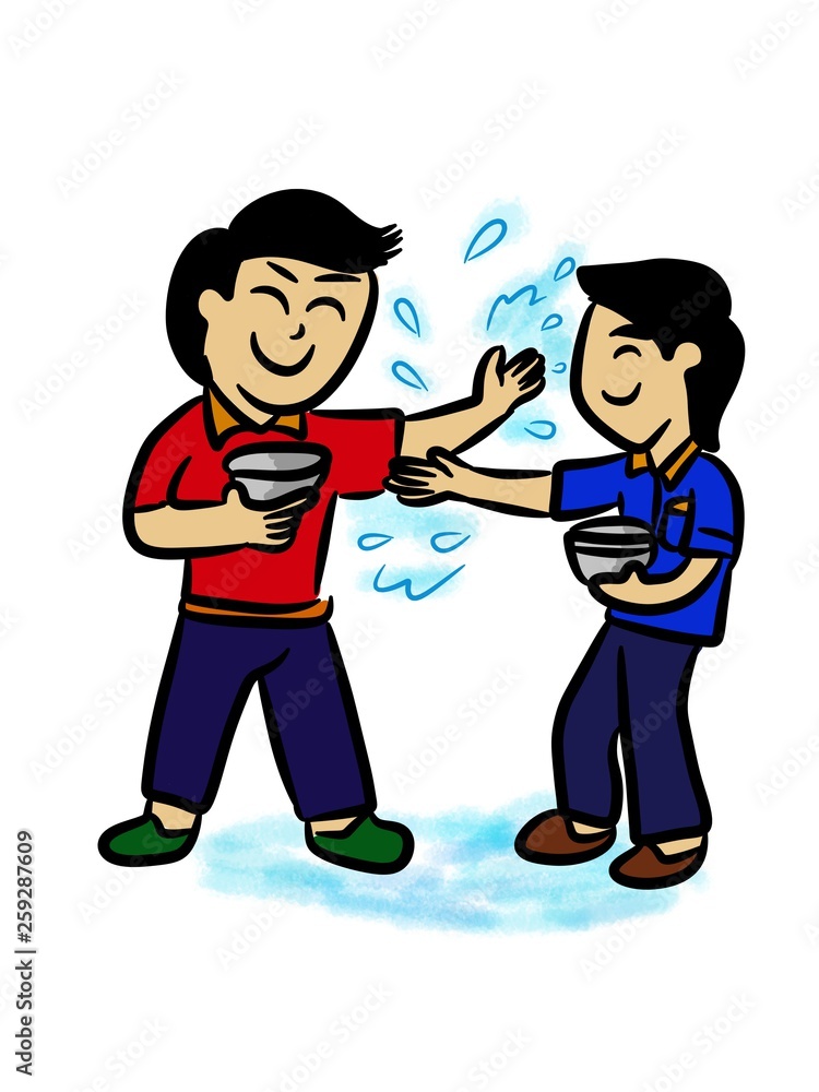 Two man splash water in songkran day - kid drawing Two man splash water in songkran day - kid drawing