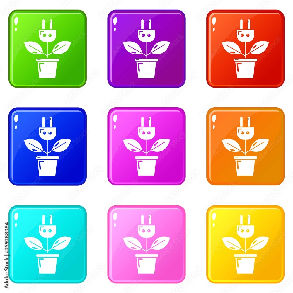 Plant in pot and electric plug icons set 9 color collection isolated on white for any design Plant in pot and electric plug icons set 9 color collection isolated on white for any design