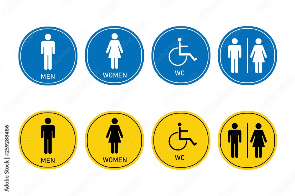 Toilet signs, Man, woman, disabled person. Signed, round signs on a white background. Toilet signs, Man, woman, disabled person. Signed, round signs on a white background.