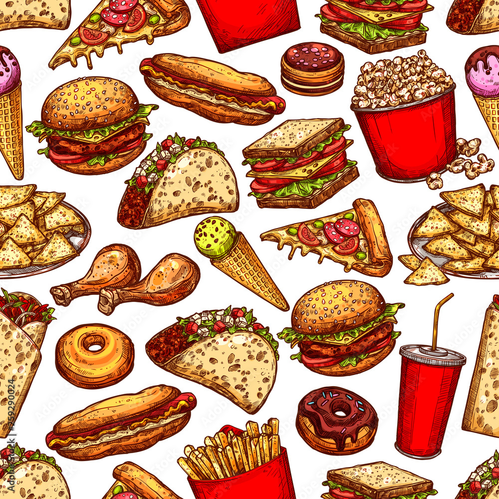 Fast food junk meal and drinks seamless pattern
