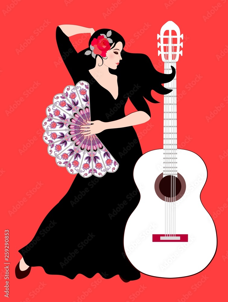 Beautiful Spanish girl - flamenco dancer with rose on her hair and with fan in her hand and white guitar on bright red background.