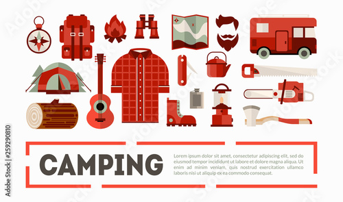 Camping and Hiking Equipment Banner, Outdoor Adventure Symbols Vector Illustration © topvectors