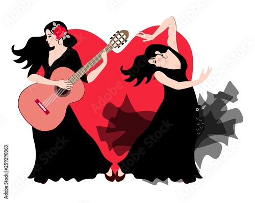 The girl is a guitarist and a girl flamenco dancer dressed in black dresses perform on stage against the backdrop of a huge red heart.