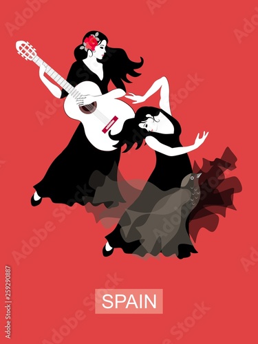 Two spanish girl in lonf black dresses on red backgroud. Flamenco. photo
