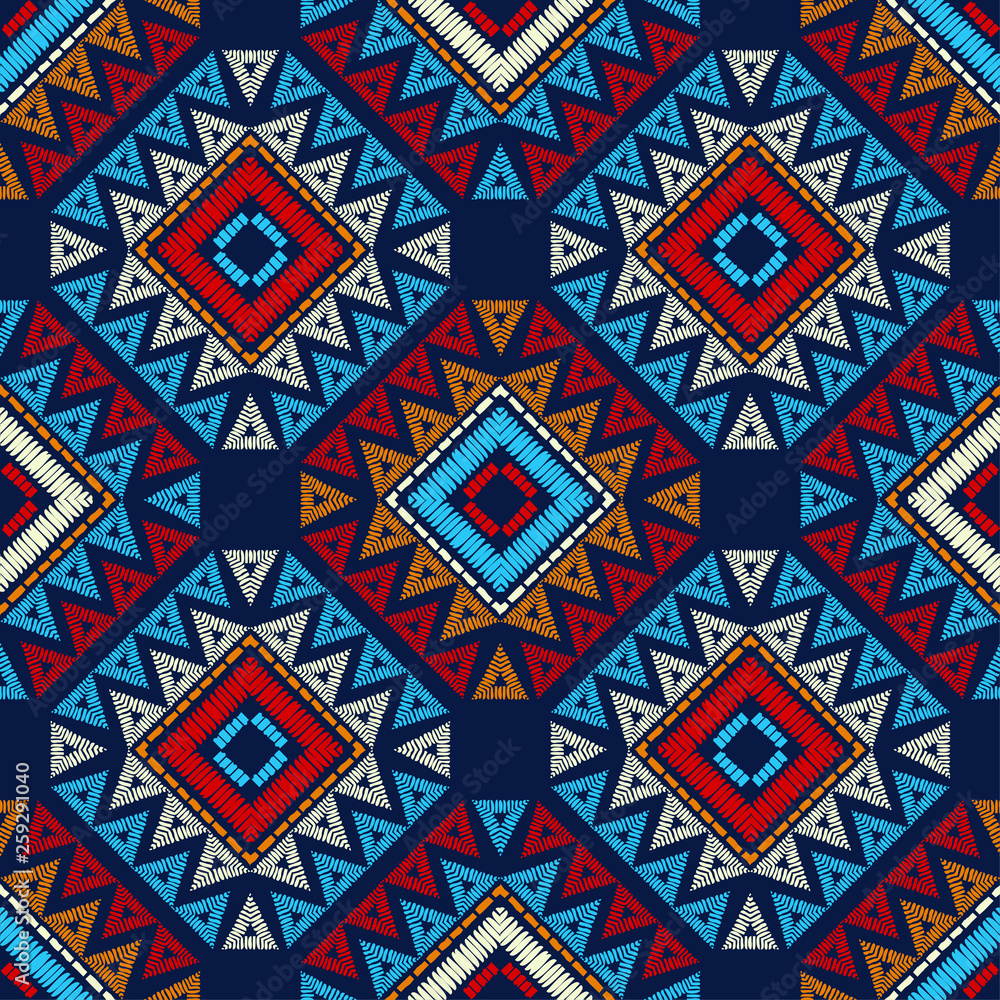 Ethnic boho seamless pattern. Embroidery on fabric. Patchwork texture. Weaving. Traditional ornament. Tribal pattern. Folk motif. Can be used for wallpaper, textile, invitation card, wrapping, web pag Ethnic boho seamless pattern. Embroidery on fabric. Patchwork texture. Weaving. Traditional ornament. Tribal pattern. Folk motif. Can be used for wallpaper, textile, invitation card, wrapping, web pag