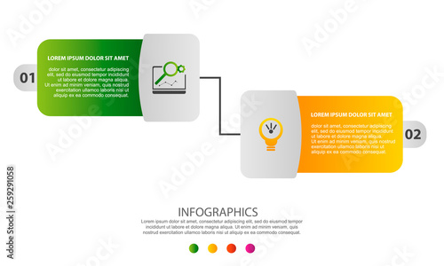 Modern 3D vector illustration. Rectangle infographic template with two elements, icons. Designed for business, presentations, web design, education, applications, interfaces, diagrams with 2 steps