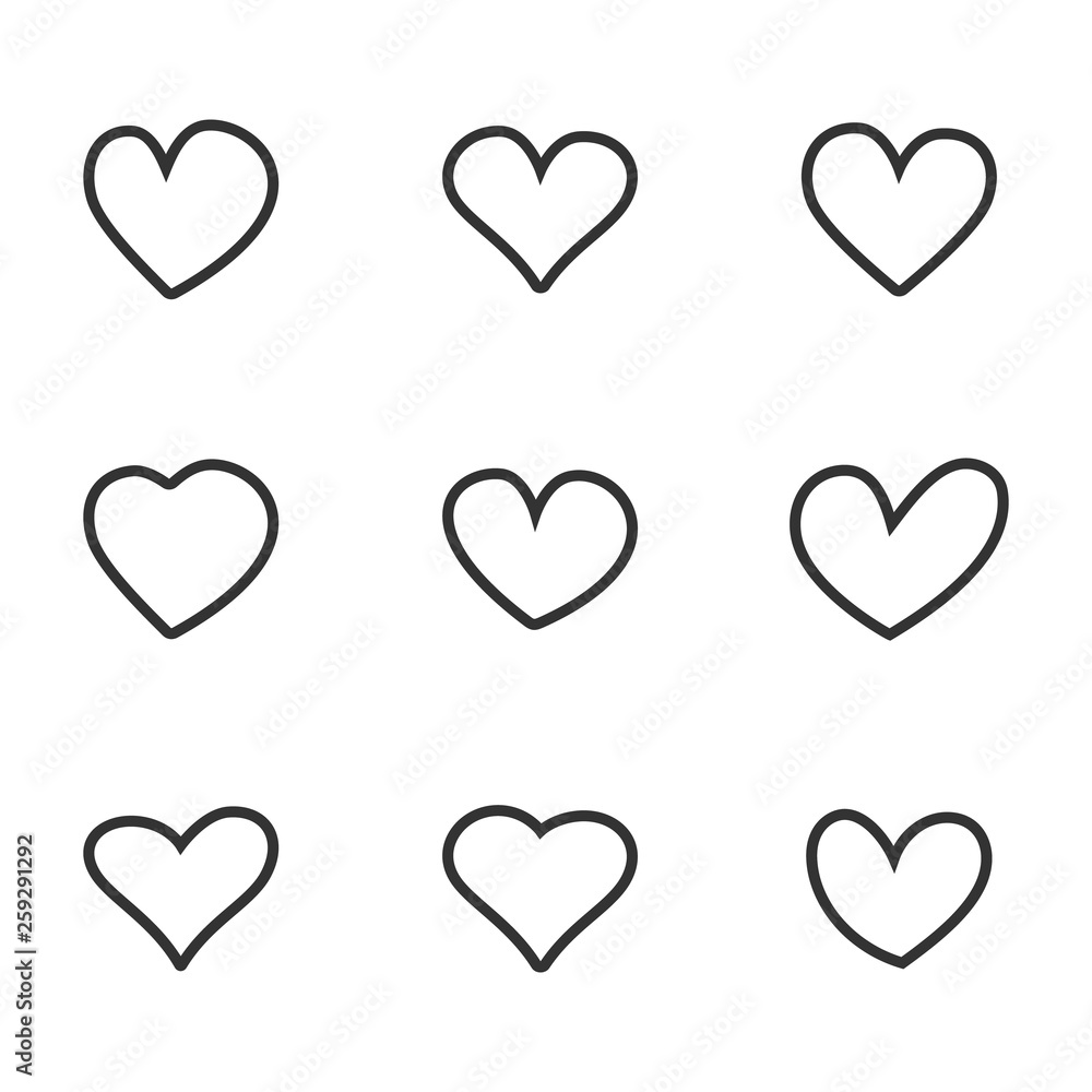 Hand drawn contour hearts set. Design element for Valentines Day, wedding, birthday card. Vector illustration