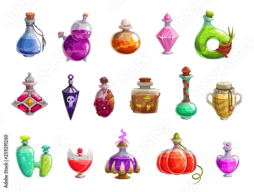 Potion bottles with magic liquid elixir of witch