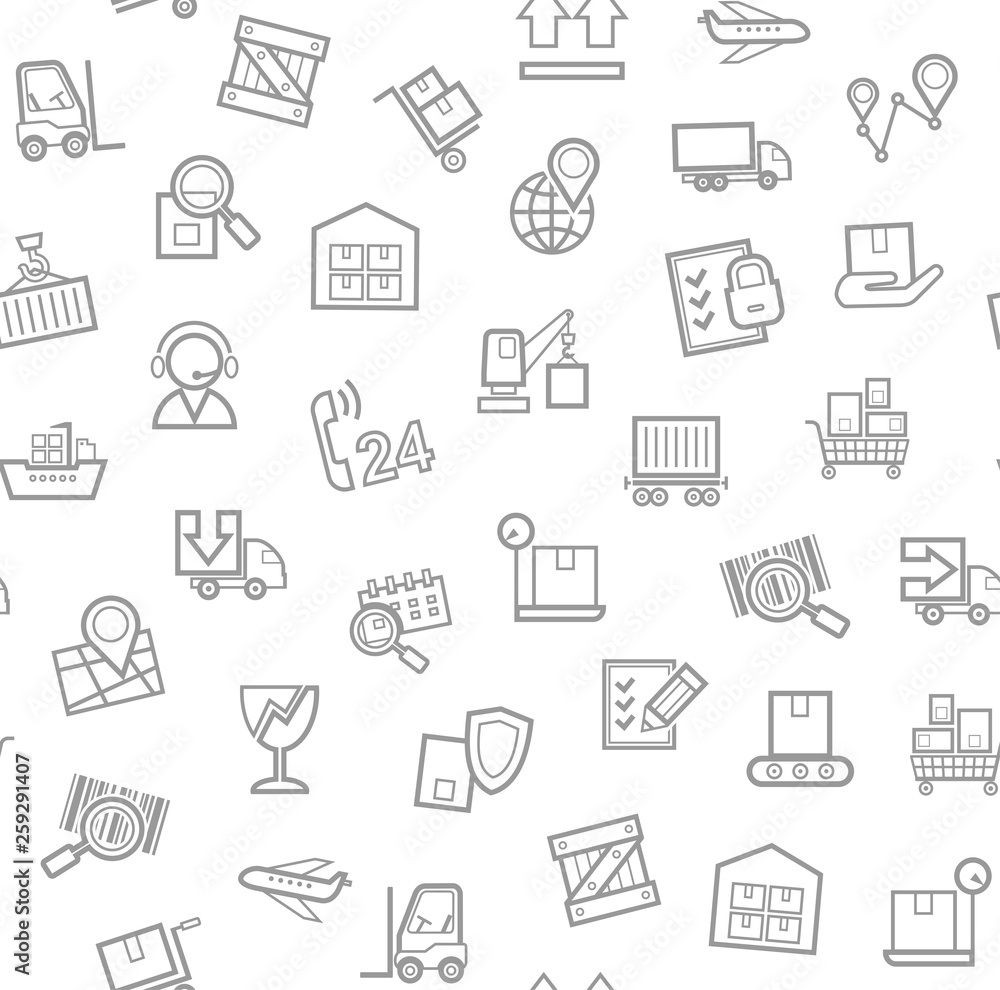 Cargo delivery, seamless pattern, white, monochrome, contour lines, icons, vector. Cargo transportation and delivery of goods. Gray line icons on white background. Vector flat seamless pattern. Cargo delivery, seamless pattern, white, monochrome, contour lines, icons, vector. Cargo transportation and delivery of goods. Gray line icons on white background. Vector flat seamless pattern.