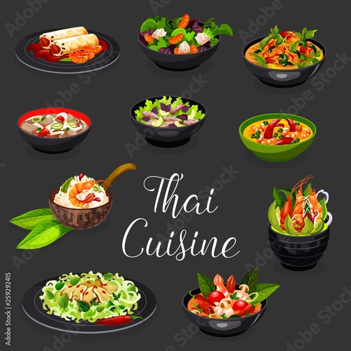 Thai seafood dishes with meat and vegetable salads