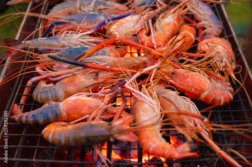 Shrimp grilled on a charcoal stove. River shrimp gilkked.
