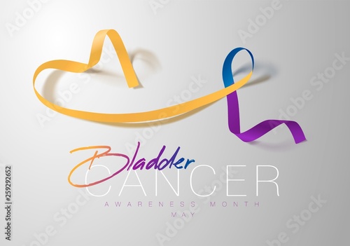 Bladder Cancer Awareness Calligraphy Poster Design. Realistic Marigold And Blue And Purple Ribbon. May is Cancer Awareness Month. Vector
