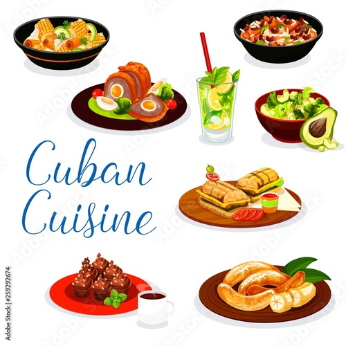 Cuban meat dishes with dessert and drinks