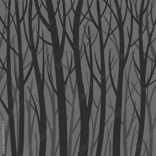 Dark mystical background forest vector flat illustration. Trees silhouette. Creepy forest