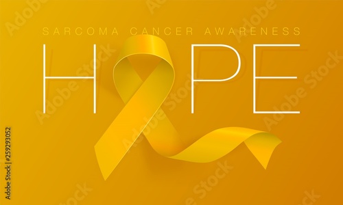 Hope. Sarcoma and Bone Cancer Awareness Calligraphy Poster Design. Realistic Yellow Ribbon. July is Cancer Awareness Month. Vector
