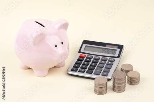 pink piggy bank and coins with calculator