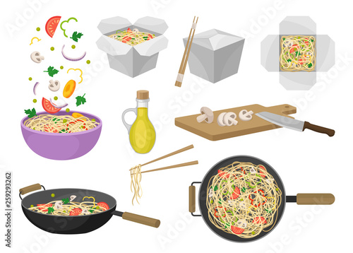Noodles traditional oriental food. Vector flat illustration.