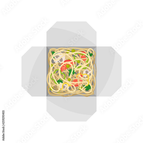 Noodles with vegetables in box on white background.