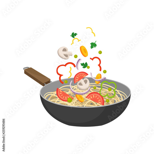 Pan with noodles on white background. Wok concept.