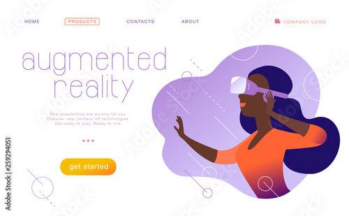 Vector landing page design template for new vr technology - woman in vr goggle headset   helmet   glasses in abstract augmented virtual reality. Flat style. Concept for web page banner  mobile app  UI