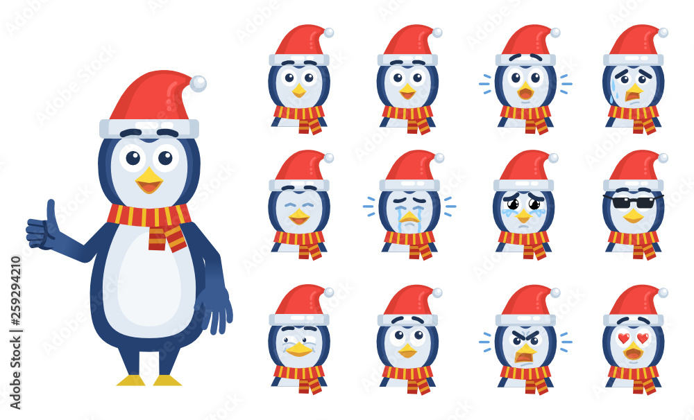 Set of penguin emoticons. Christmas penguin avatars showing different facial expressions. Happy, sad, cry, laugh, tired, serious, angry, in love, smile, think and other emotions. Vector illustration