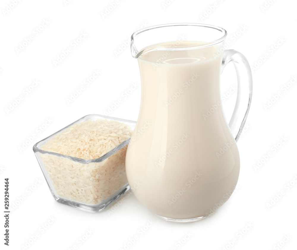 Jug of rice milk on white background Jug of rice milk on white background