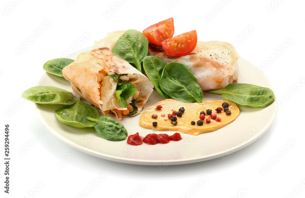 Plate with tasty fried spring rolls on white background Plate with tasty fried spring rolls on white background