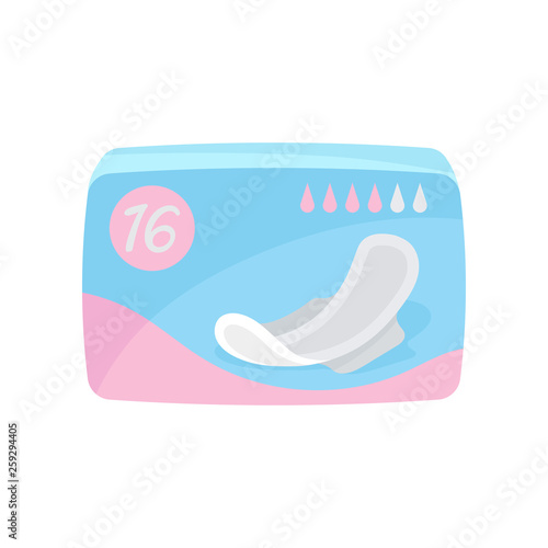 Packaging of sanitary pads on white background.