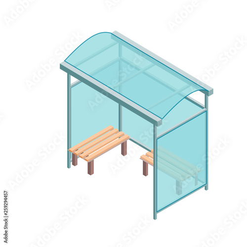 Isometric bus stop in flat 3D style isolated on white background. Concept vector illustration.