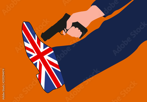 Concept du BREXIT et de la Grande Bretagne sortant de l’union européenne avec un homme qui se tire une balle dans le pied dont la chaussure représente le drapeau britannique.