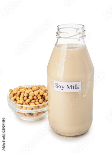 Bottle of soy milk on white background