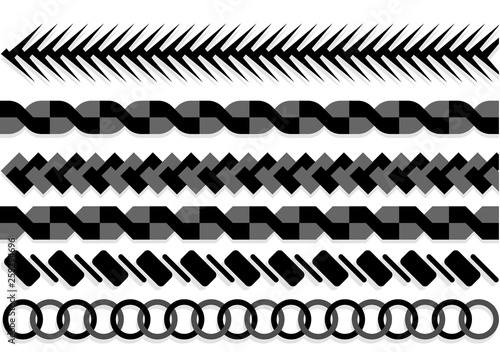 Ropes pattern brushes. Seamless nautical rope and chain stripes isolated on background. Braids and Plaits silhouette collection.