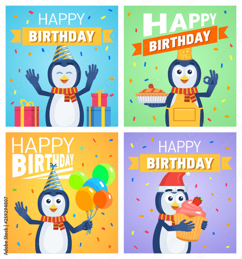 Fototapeta premium Set of different birthday posters. Birthday greeting card, placard. Cheerful penguin holding balloons, cake, pie, cupcake. Birthday celebration. Flat vector illustration